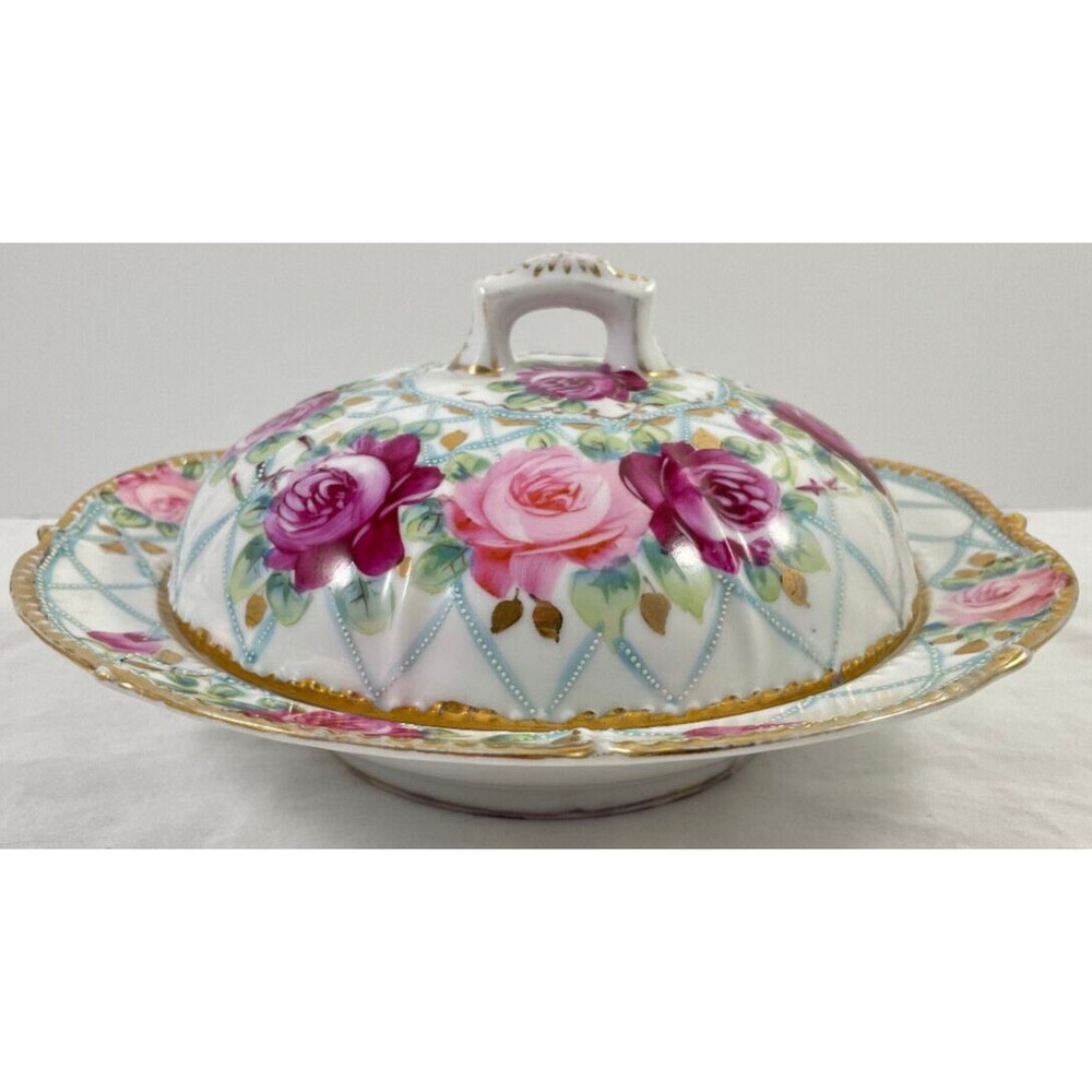 Pink Rose Pancake Server Gold Covered Dish Porcelain Unmarked Antique